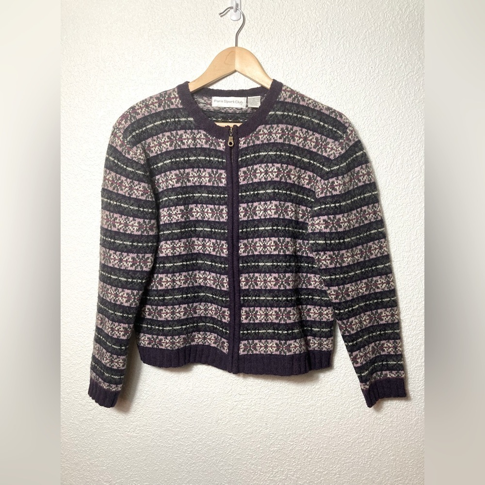 Paris Sport Club 100% Shetland wool fair isle Scandinavian cardigan sweater M